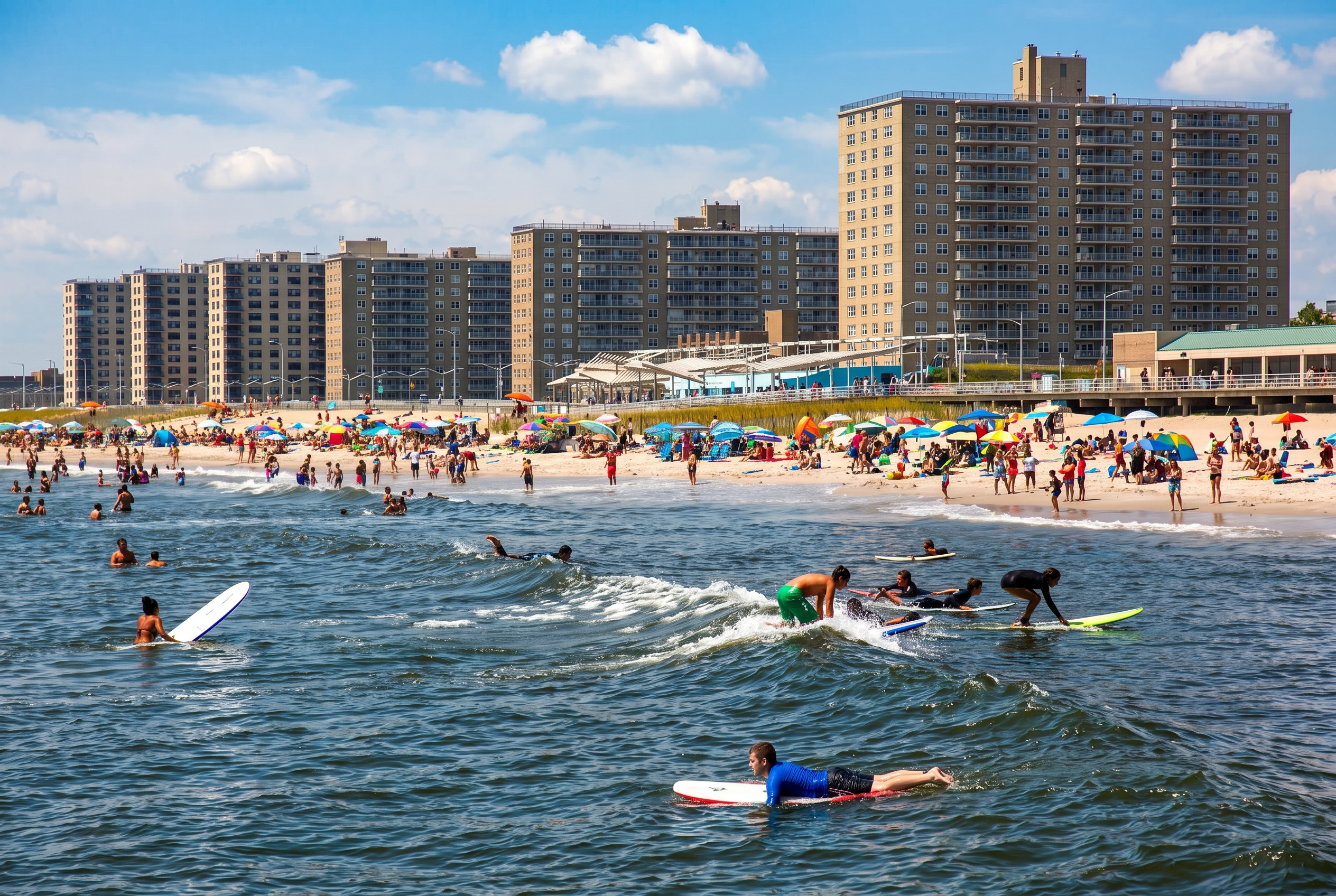 Rockaway Beach with surfers and the boardwalk